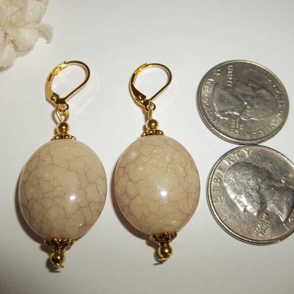 Tan Statement Earrings Gold Dangle Drop Beaded Jewelry Gift Set Woman Oval C763 - Picture 2 of 6